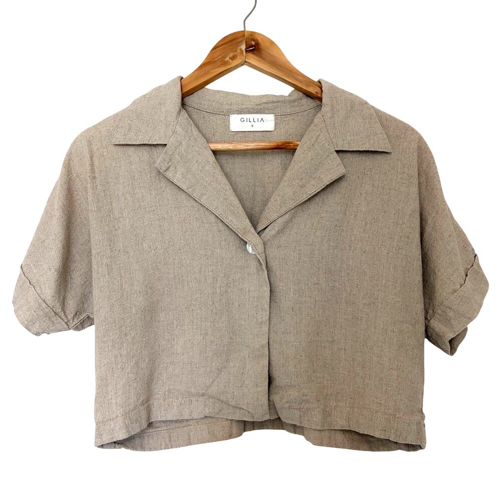 Gillia Clothing Hawaii Linen Boxy Cropped Shirt Tan Size S Short Sleeve